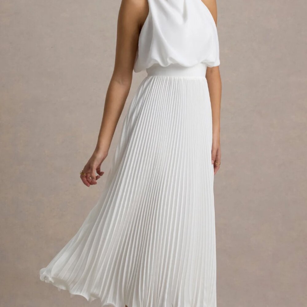 Club L London Size 4 Nila | White Cowl-Neck Midi Dress With Plisse Skirt